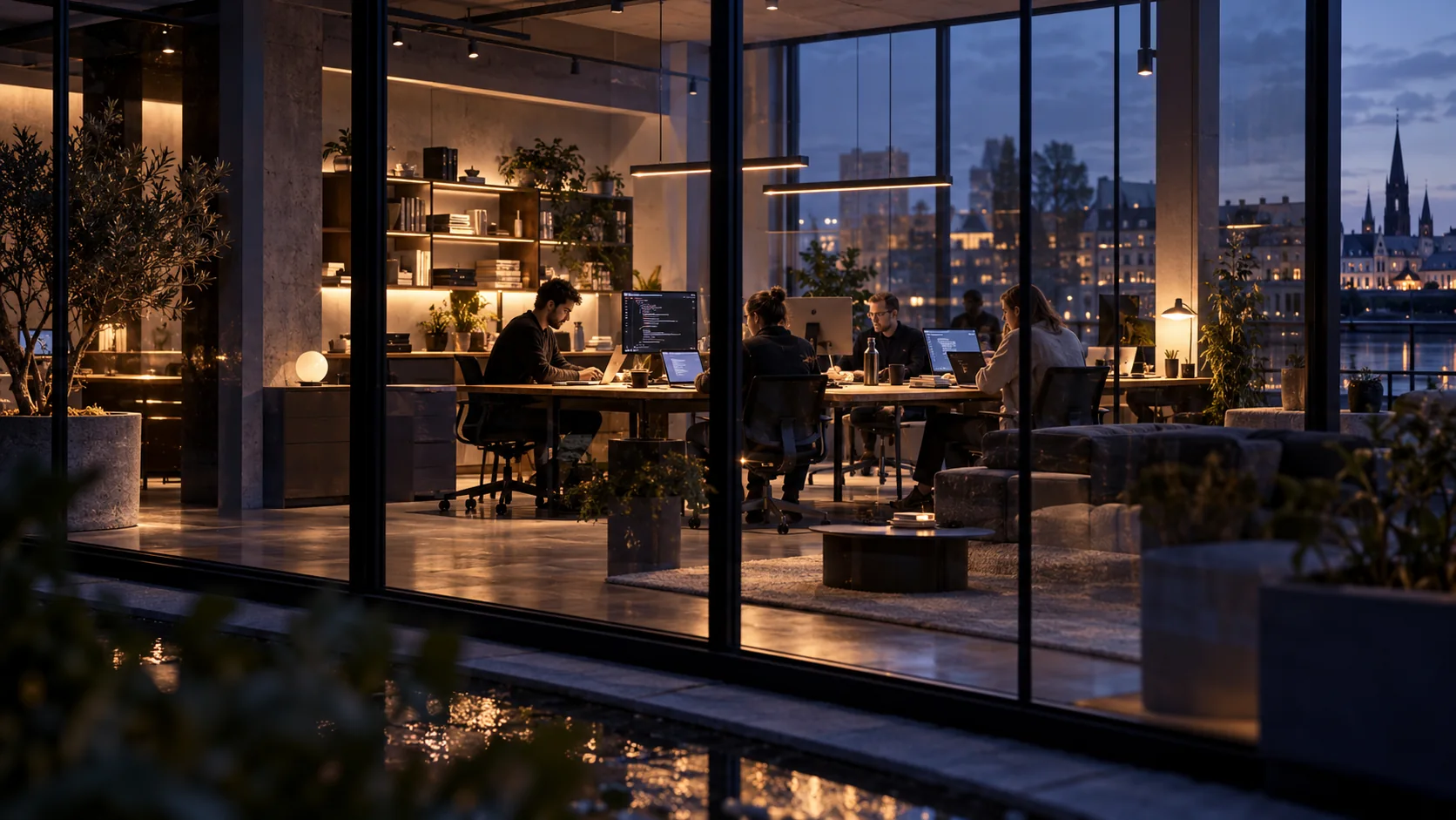 KI-generierte Illustration eines kollaborativen Engineeringstudios bei Abendlicht