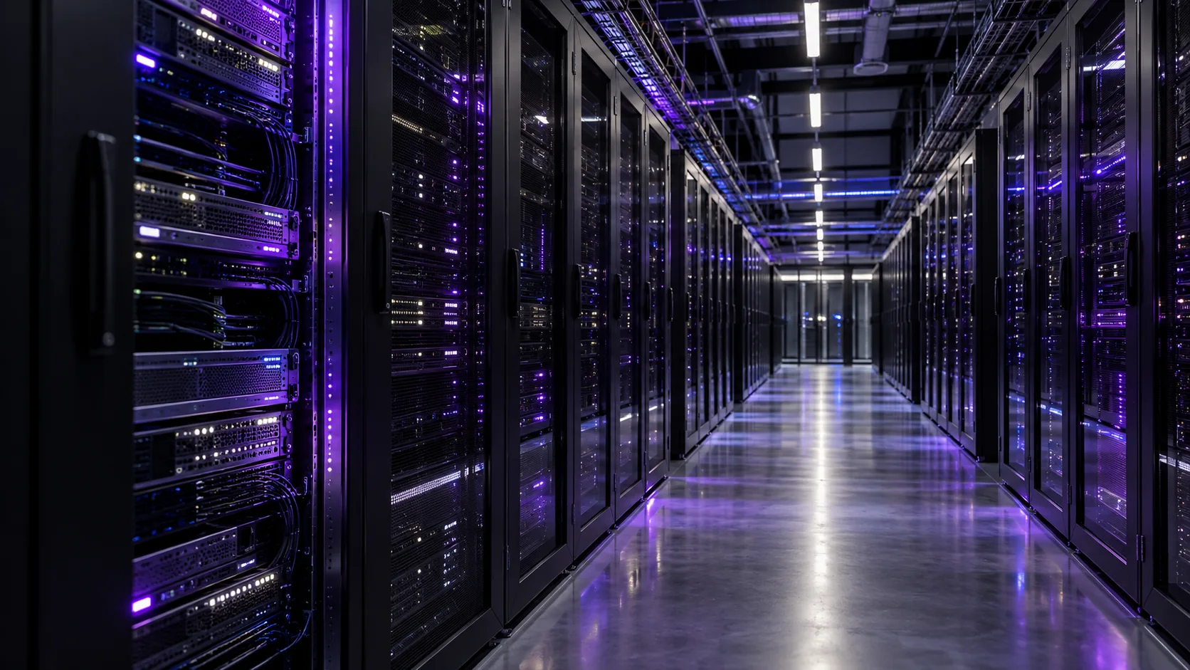 KI-generiertes Moodmotiv: Serverarchitektur mit violetten Lichtakzenten